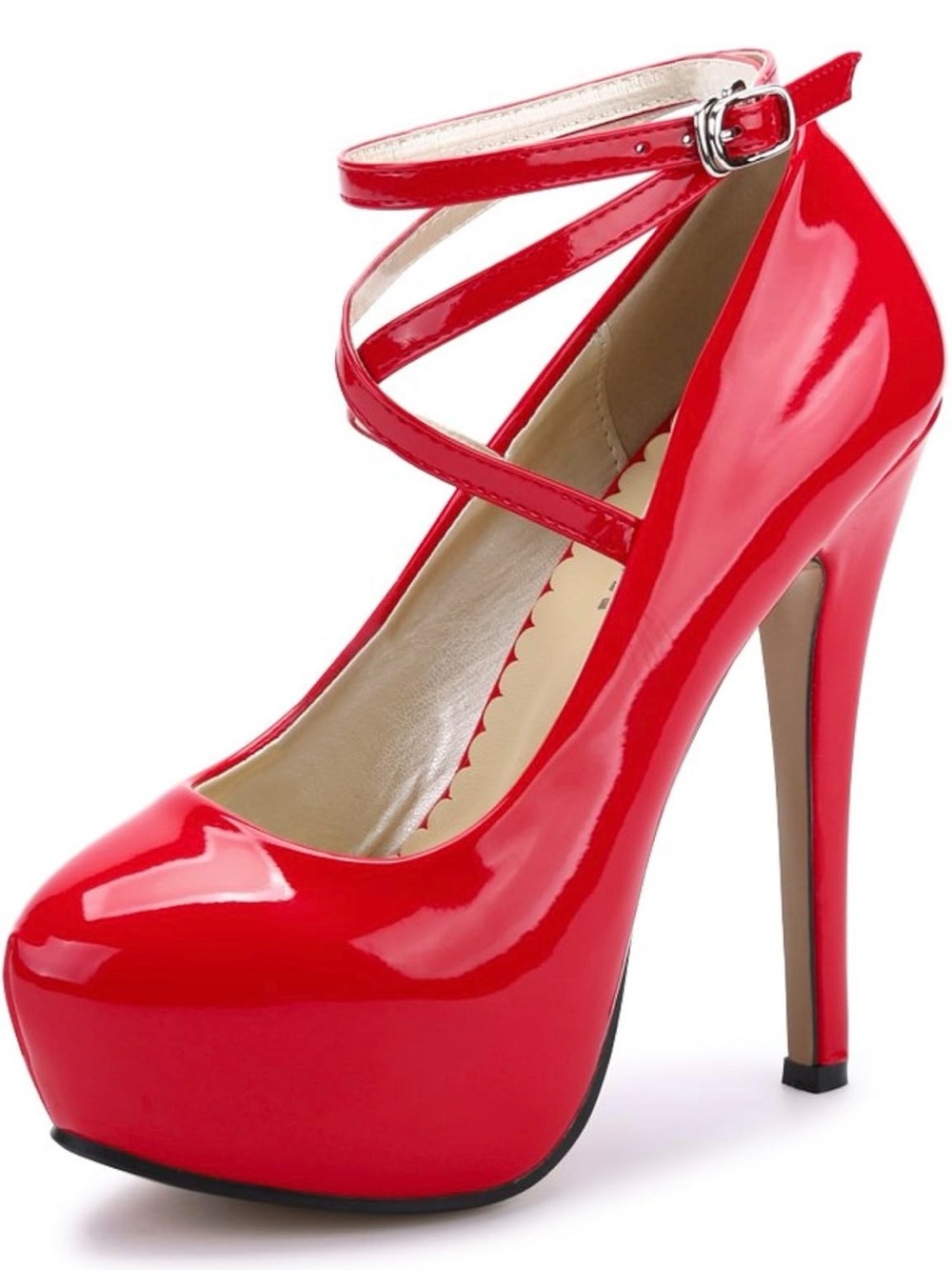 Patent Red Crisscross Ankle-Strap Platform Heels